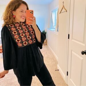 NWT Isabel Marant Black Silk Floral Embroidered Blouse 1 Small